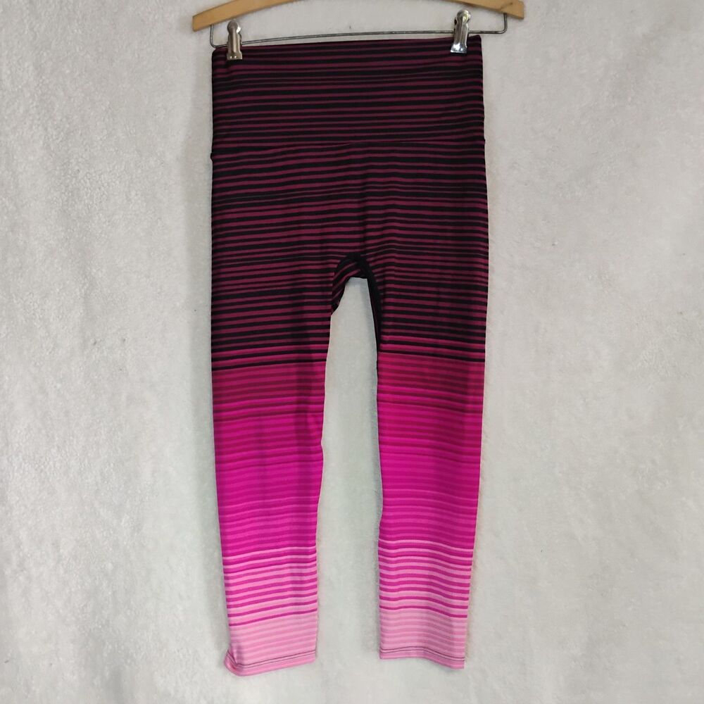 ​K-DEER Jody Stripe Capri Leggings Large Micro Striped Pink Plum High Waist Gym